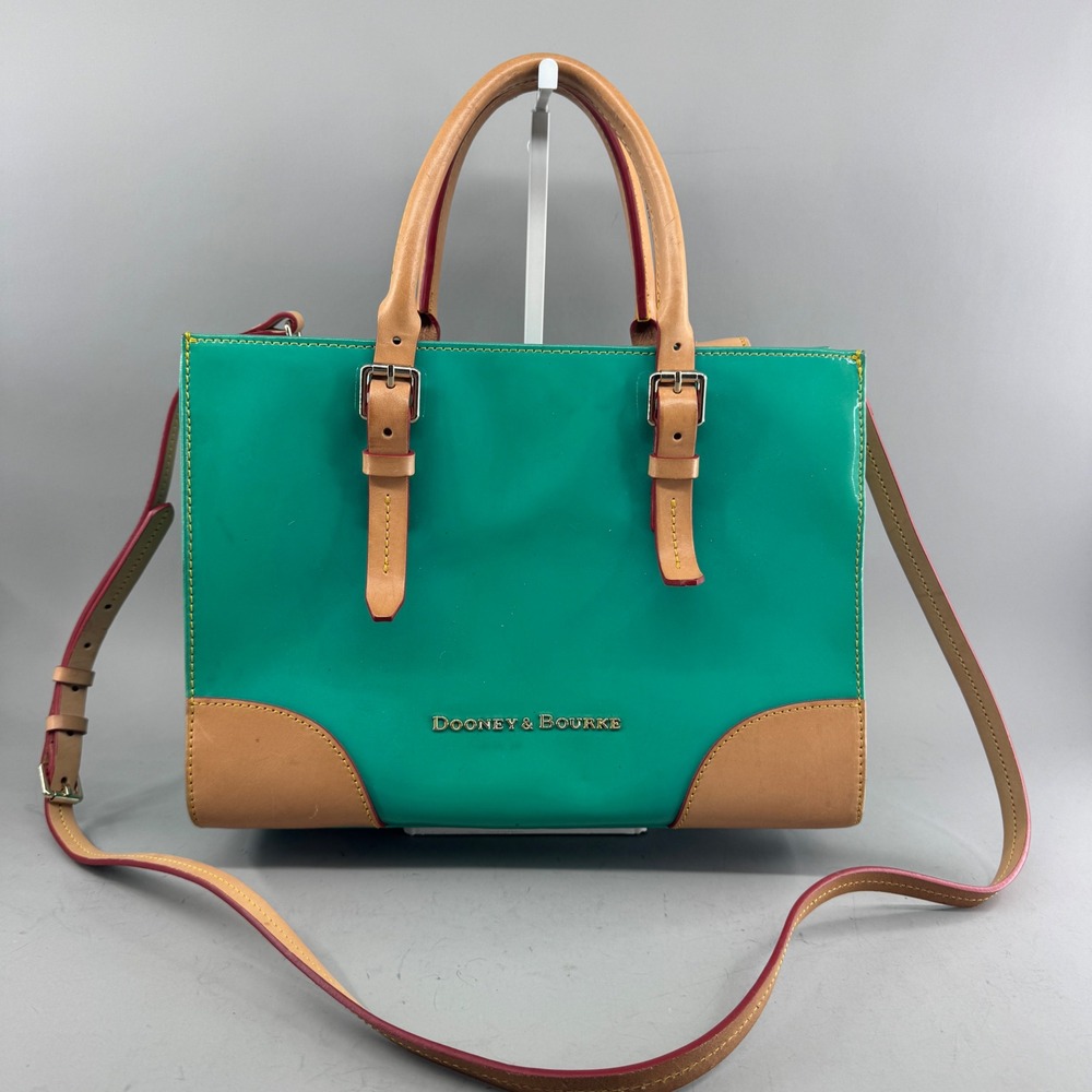 Dooney & Bourke Womens Patent Leather Satchel Crossbody Bag Teal Green Tan